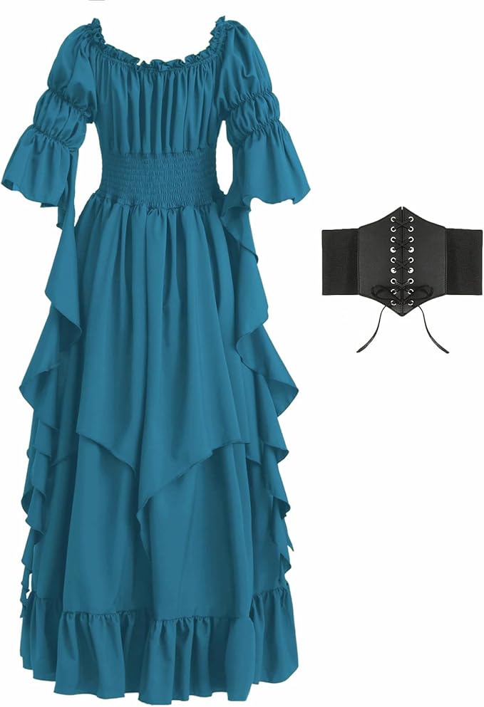 Renaissance Dress Women Gothic Witch Dress Medieval Ruffle Victorian High Low Dress Costume Set with Corset Belt