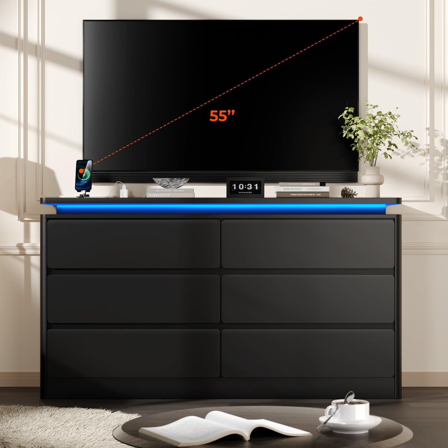 Upgraded 6 Drawer Black Dresser for Bedroom, 47.2" Long Chest of Drawers with Charging Station & LED Lights, Wooden Storage Cabinet Dresser for Closet,Modern TV Stand with Deep Drawers