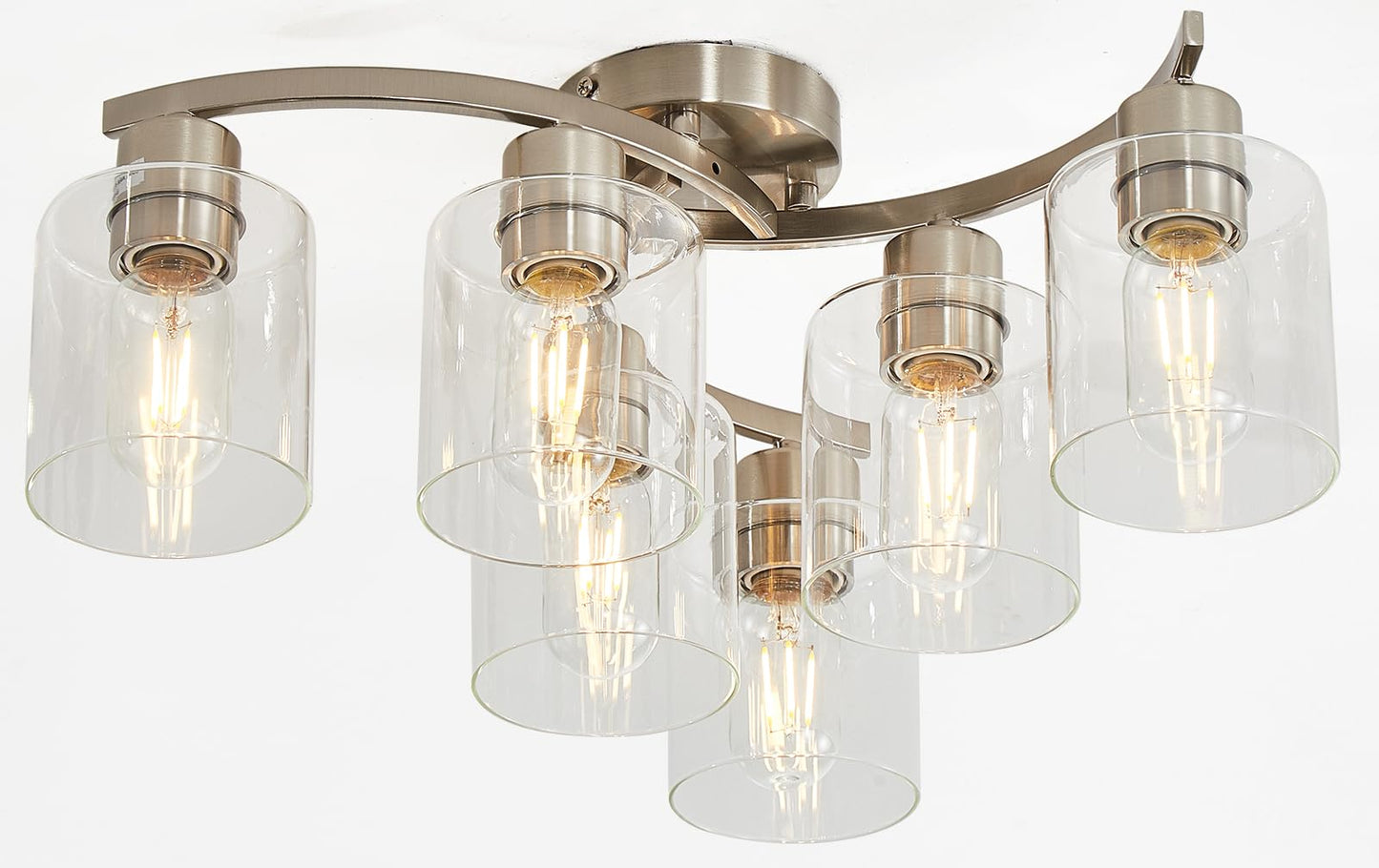 Brushed Nickel Flush Mount Ceiling Light, Kitchen Lighting Fixtures Ceiling, 6-Light Dining Room Light Fixture with Clear Glass Shade, Modern Ceiling Light Fixture for Bedroom, Living Room, Entryway