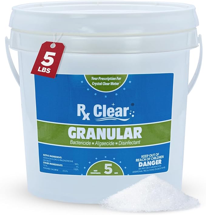 Rx Clear 5 lbs Granular Pool Chlorine | Use As Bactericide, Algaecide, & Disinfectant in Swimming Pools, Hot Tubs, & Spas | Stabilized, Fast Dissolving & UV Protected