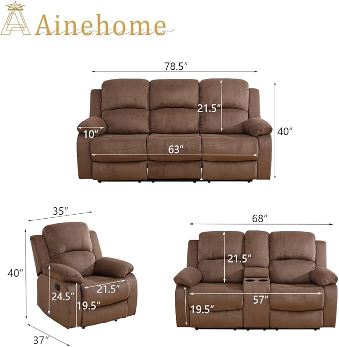 A Ainehome 3 Piece Set Corduroy Recliner Sofa Set with Storage, Modern, Taupe Brown, for Living Room/Office
