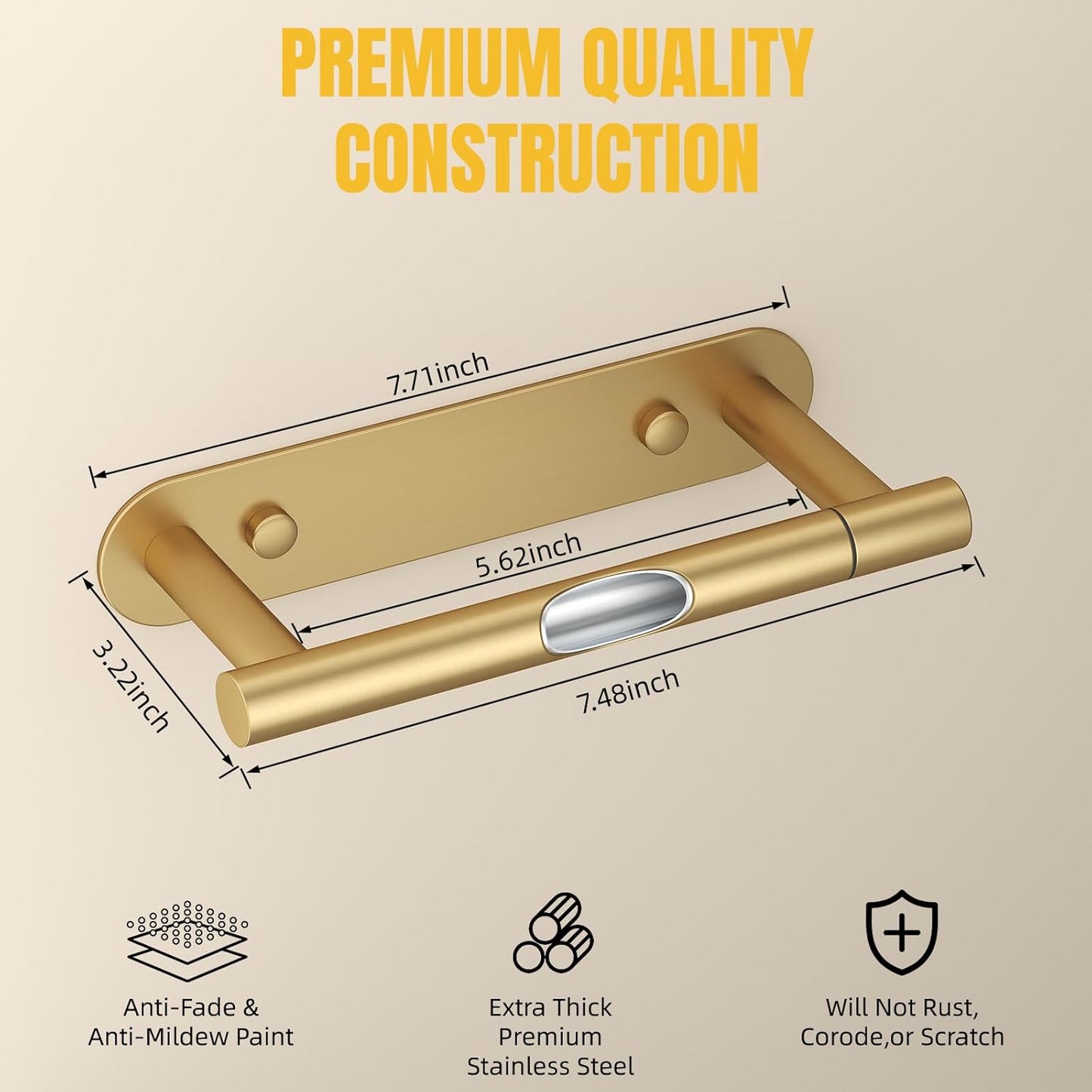 BESy Adhesive or Screw Toilet Paper Holder Wall Mount Rustproof Modern Roll Holder Flexible Pivoting Adjustable Tissue Handle with Self Adhesive or Mounted with Screws Stainless Steel Brushed Gold