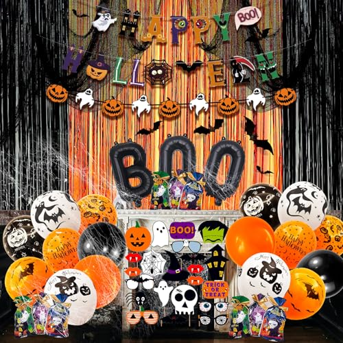 UJoyant 101 Pcs Halloween Party Decorations, Halloween Party Supplies - Ghost and Bat Pumpkin Banner, Multi Balloons, Pho...