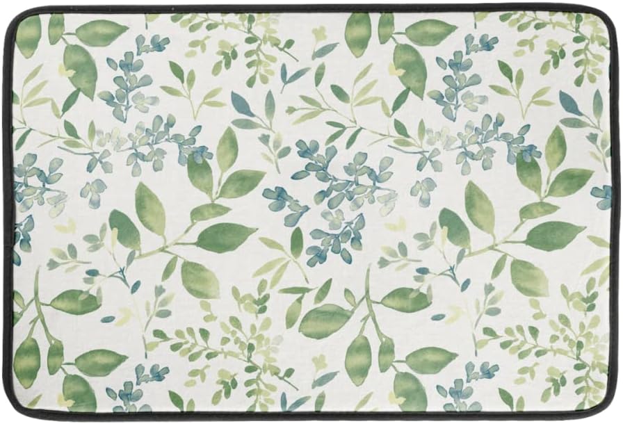 Green Leaves Branches Dish Drying Mat for Kitchen Counter 18x24 Inch Washable Microfiber Drying Mat Spring Floral Absorbent Drying Pad with Hanging Loop for Home Coffee Bar Decoration