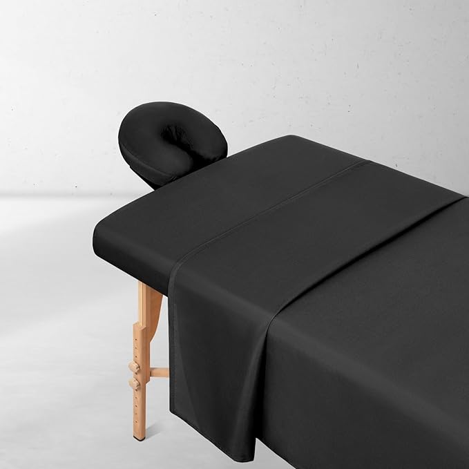 Comfyanno Massage Table Sheets Sets, 3 Pcs Professional Microfiber Massage Bed Cover Sheets, Soft, Light-Weight, Stain & Wrinkle Resistant, Includes Flat & Fitted Sheet, Face Cradle Cover - Black