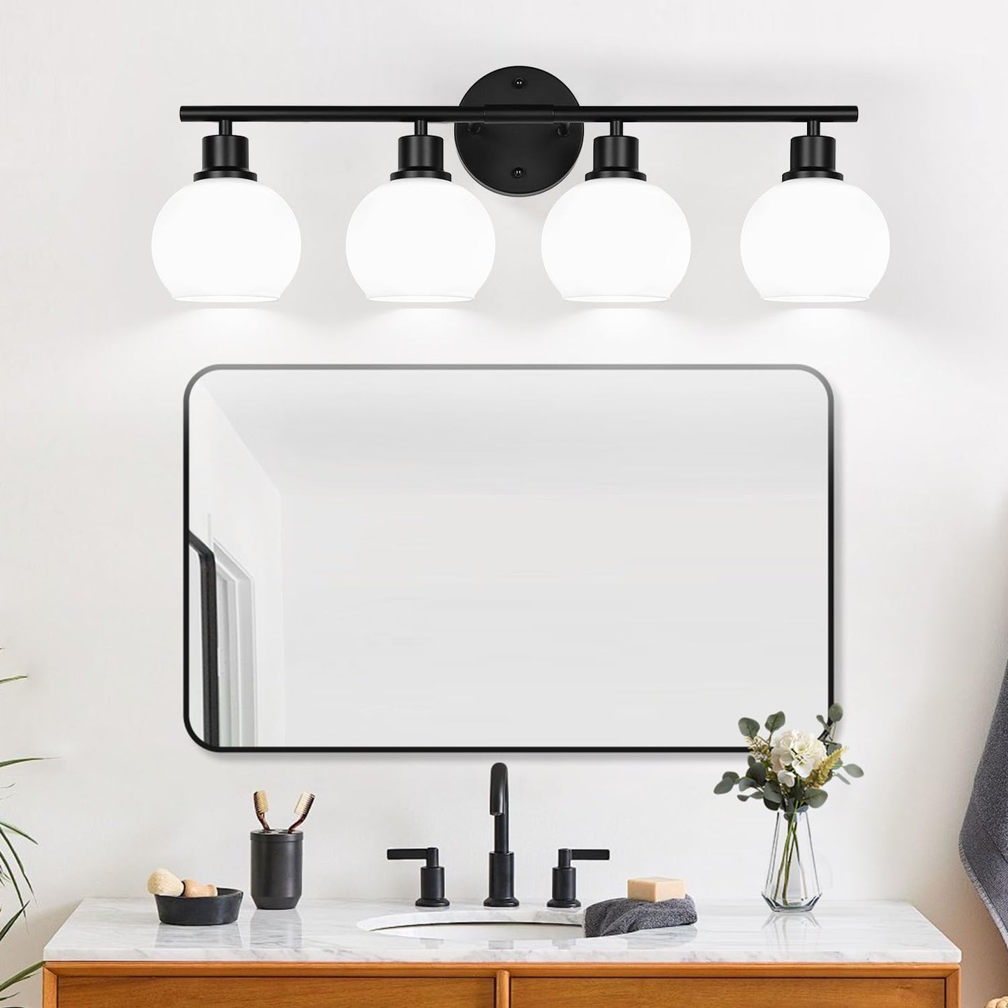 Indoi 4-Light Bathroom Light Fixtures, Black Bathroom Lights Over Mirror with Milky White Frosted Glass Globe Shade, Vanity Lights for Bathroom Kitchen Living Room Hallway Cabinet Bedroom Porch