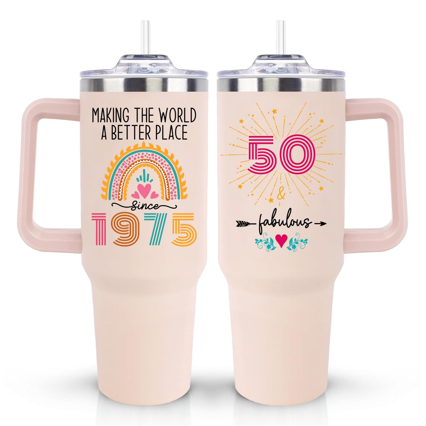 50th Birthday Gifts for Her Women, Cool Cute 1975 50th Birthday Gift for Turning 50 Year Old Woman, 50 and Fabulous Gifts for Women, 50th Birthday Decorations for Her, 40oz Tumbler Coffee Mug