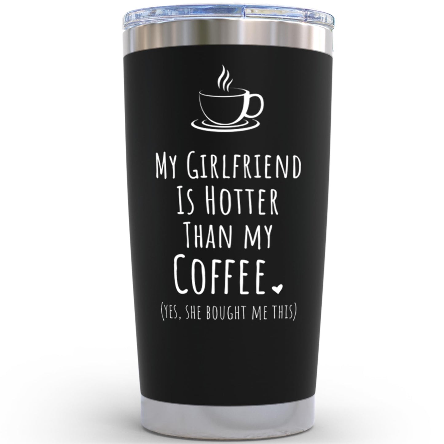 KLUBI Gifts For Him Boyfriend - My Girlfriend Is Hotter Than My Coffee Mug 20oz Cute Birthday Gifts for Boyfriend Coffee Mug for Men Black Tumbler with Straw