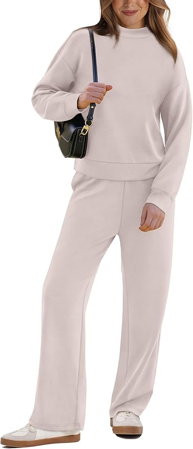 WIHOLL Two Piece Sets for Women Fall Outfits Lounge Sets Mock Neck Tops Wide Leg Pants Vacation Travel Airport Outfits