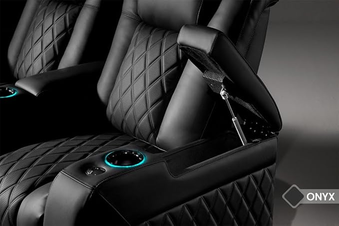 Valencia Tuscany Home Theater Seating Semi-Aniline Italian Nappa 20000 Leather Ultimate Luxury Heat & Ventilation Power Recliner Power Lumbar and Headrest (Row of 4 Loveseat Center, Onyx)