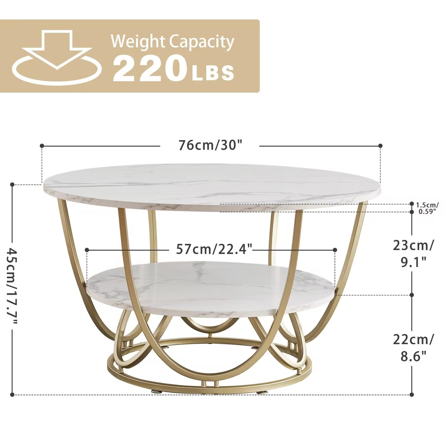 Elephance Round Coffee Table with Storage, 30 Inch Modern Coffee Table for Living Room,Wooden Tabletop-Marble White Print with Gold Frame