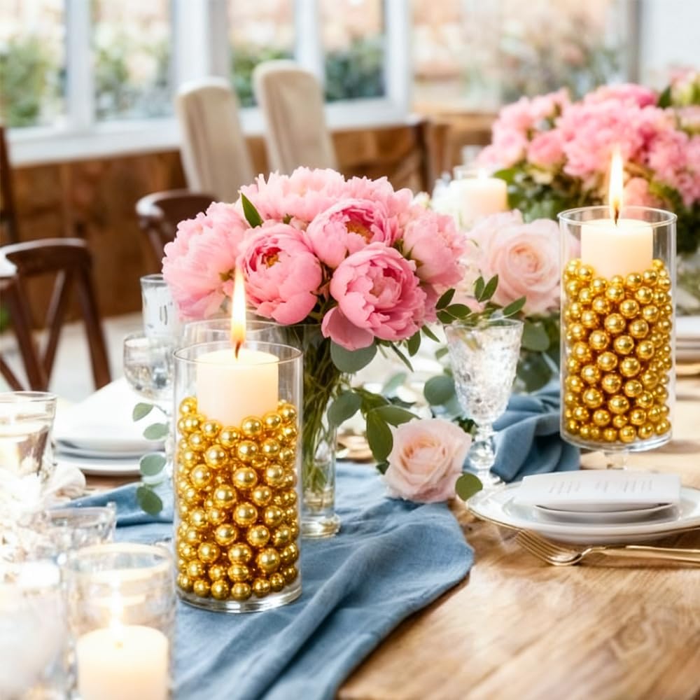 Pearl Beads No Hole Pearls for Crafting 180 Pcs Fake Pearls Bulk Faux Pearls for DIY Crafts Jewelry Making Vase Filler Floating Candle Wedding Birthday Party Home Decorations (Gold, 8/10/14/20mm)