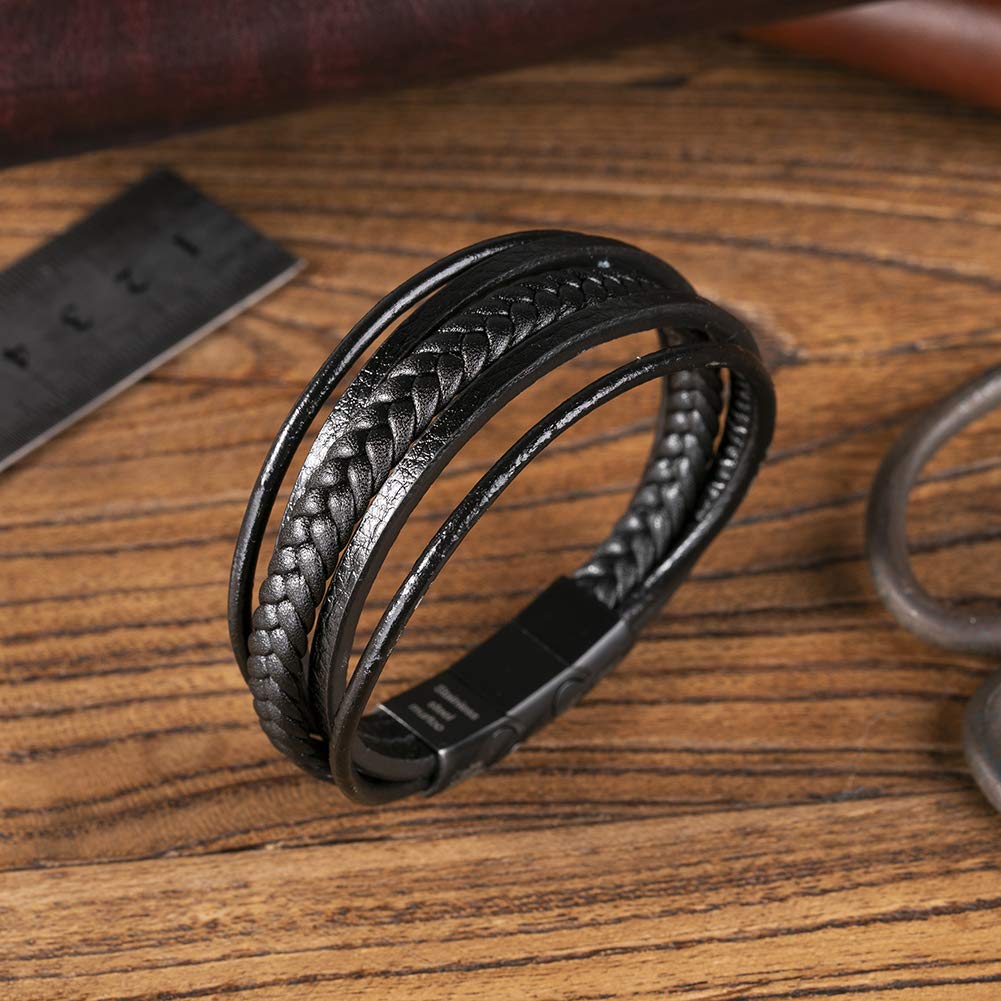 murtoo Mens Leather Bracelet with Clasp Cowhide Multi-Layer Braided Leather Mens Bracelet