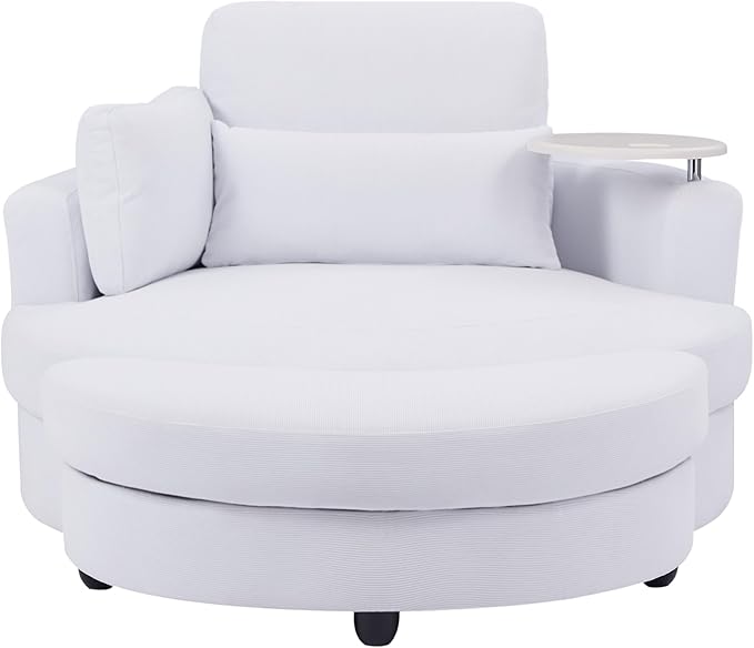 Yoglad Oversized Round Swivel Accent Chair - 360 Degree Chairs with Ottoman Armrest Tray Ideal for Living Room, Bedroom(Corduroy White)