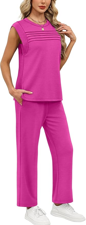 WIHOLL 2 Piece Sets for Women Summer Lounge Sets Travel Vacation Outfits Cap Sleeve Sweatsuit Side Slit Wide Leg Pants S-3XL