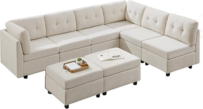 VANOMi 118" Modular Sectional Sofa with 2 Ottomans, 8 Seater Cloud Sectional Sofa Bed, Chenille Sofas & Couches for Living Room, Apartment, Office, White