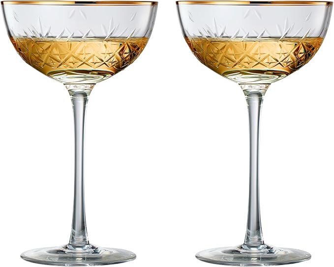 Vintage Art Deco Luxury Coupe Glasses, Cocktails, Martini, Margarita, In Premium Gift Box 24K Gold Rim | Set of 2 | 8 oz C...