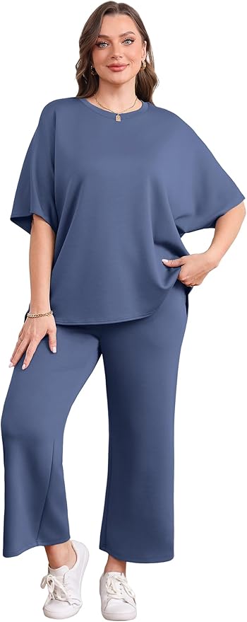 Sampeel Two Piece Sets for Women Summer Outfits Oversized Wide Leg Crop Pants Lounge Sets Airport Beach Vacation Clothes