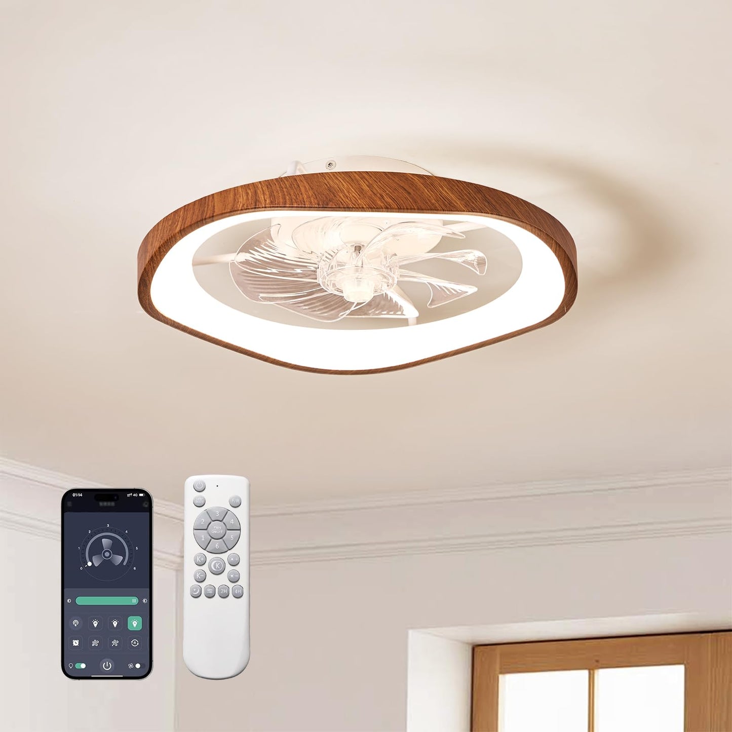 Monikessy 19.7" Modern Ceiling Fans with Lights and Remote, Dimmable Low Profile Ceiling Fan, Farmhouse Smart Bladeless Fandelier Flush Mount Ceiling Fan for Bedroom Dining Room
