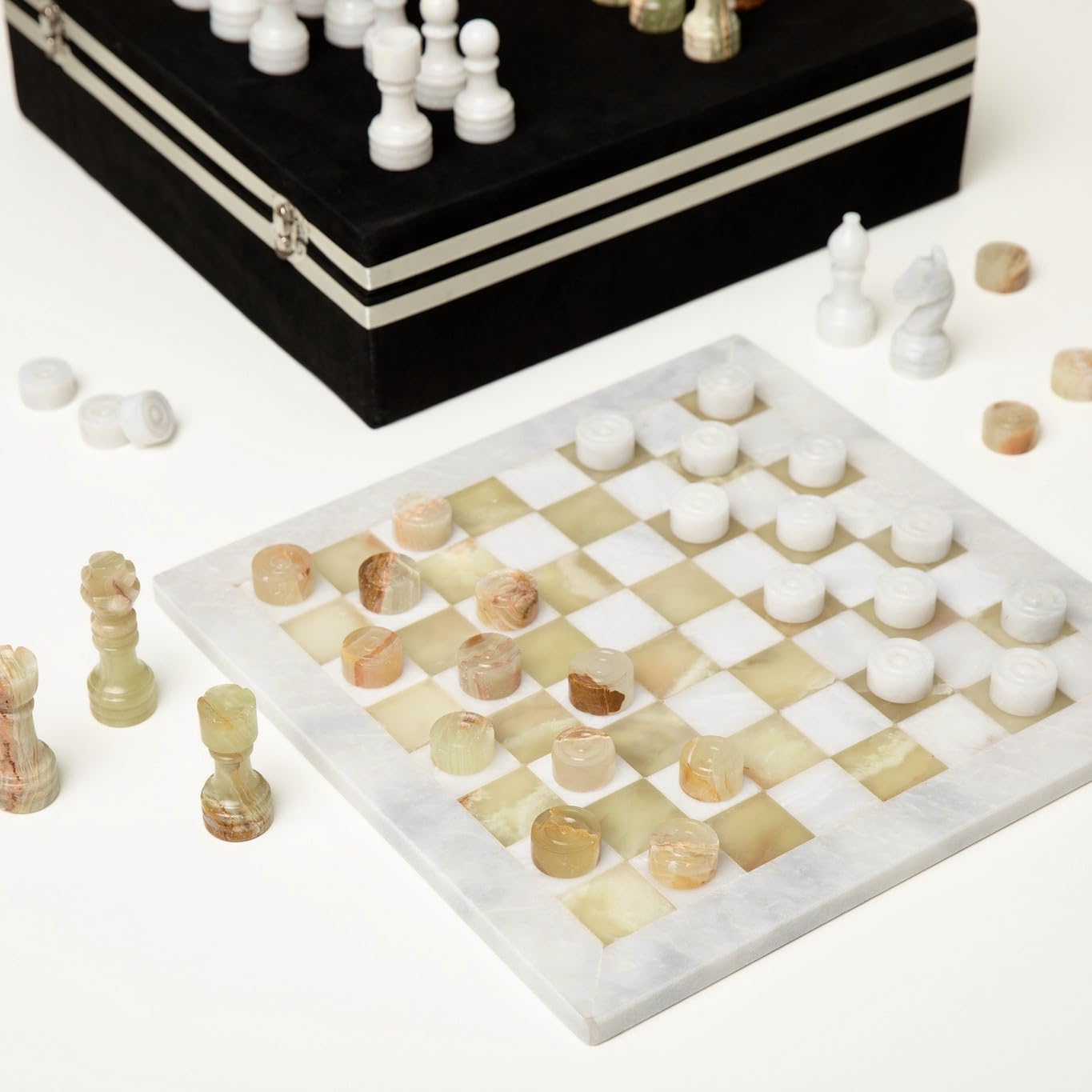 Marble Chess and Checkers Set – Luxury Tabletop Game and Coffee Table Decor – Elegant 3-in-1 Marble Game for Room Decor, Modern Home Accents, and Functional Décor (White and Onyx)