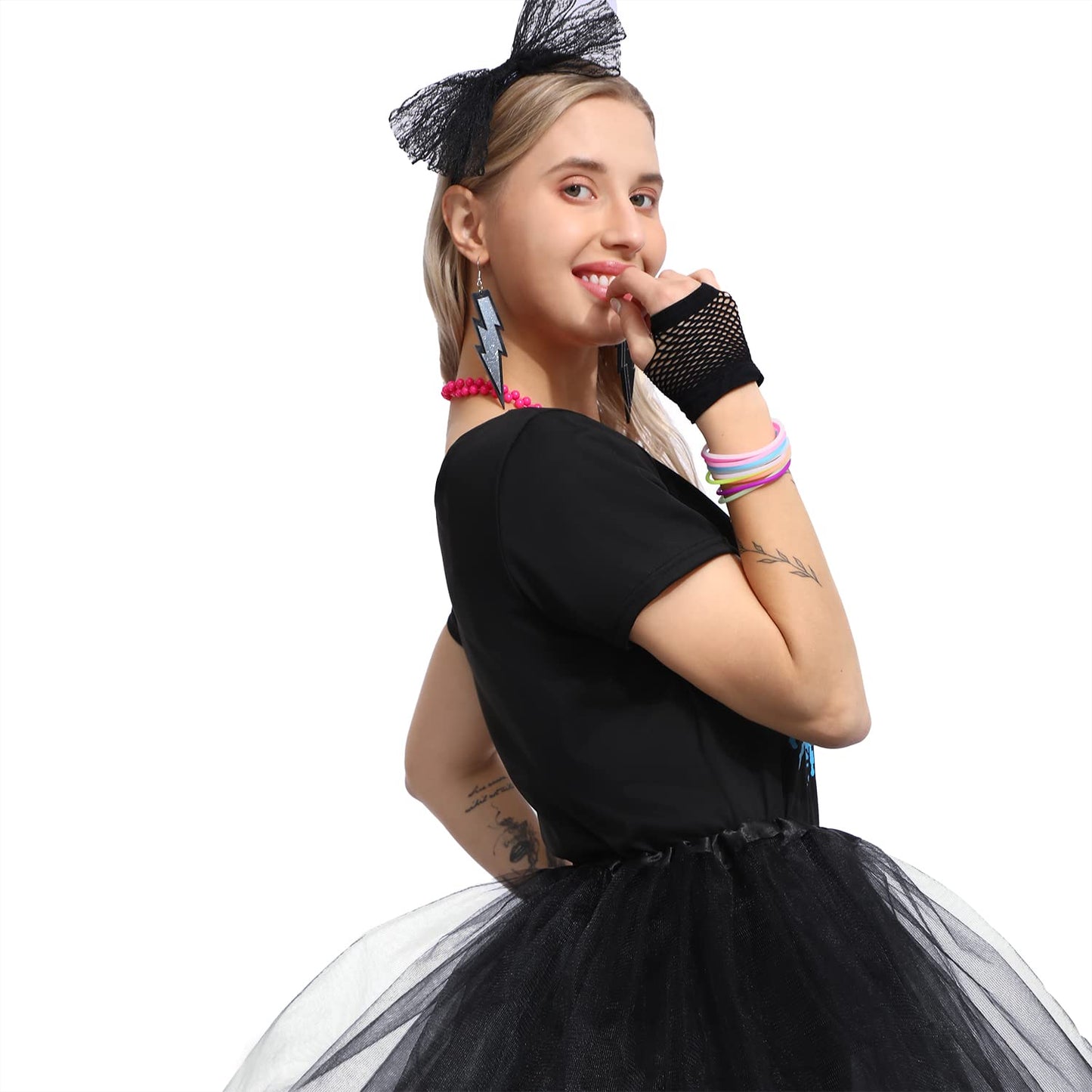 Sincere Party Women's 80s Costume Set Cotton T-Shirt,Pants,Tutus,Leg Warmers,Gloves,Necklace,Bracelets,Headband,Earrings(Black,XXL14-16)