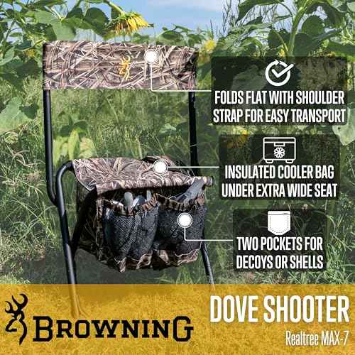 Browning Dove Shooter Hunting Chair - Compact and Foldable Steel Frame with Realtree Camo, Extra-Wide Seat, Insulated Cooler Bag, and Decoy, Shell Pockets