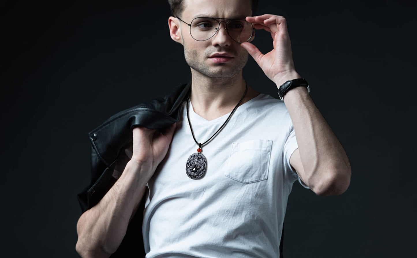 Bella Jade Chinese Zodiac Necklace Pendant Amulet Talisman Made of Obsidian (Dragon - Dignity)