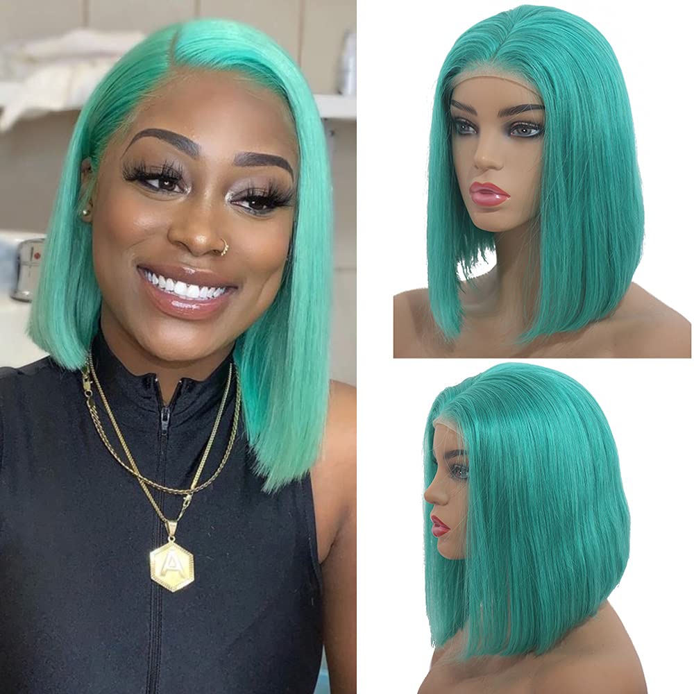 14inch Human Hair Lace Front Wigs Bleached Knots 180% Density Silky Straight Lake Blue Short Bob Wig Pre Plucked Natural Hairlin