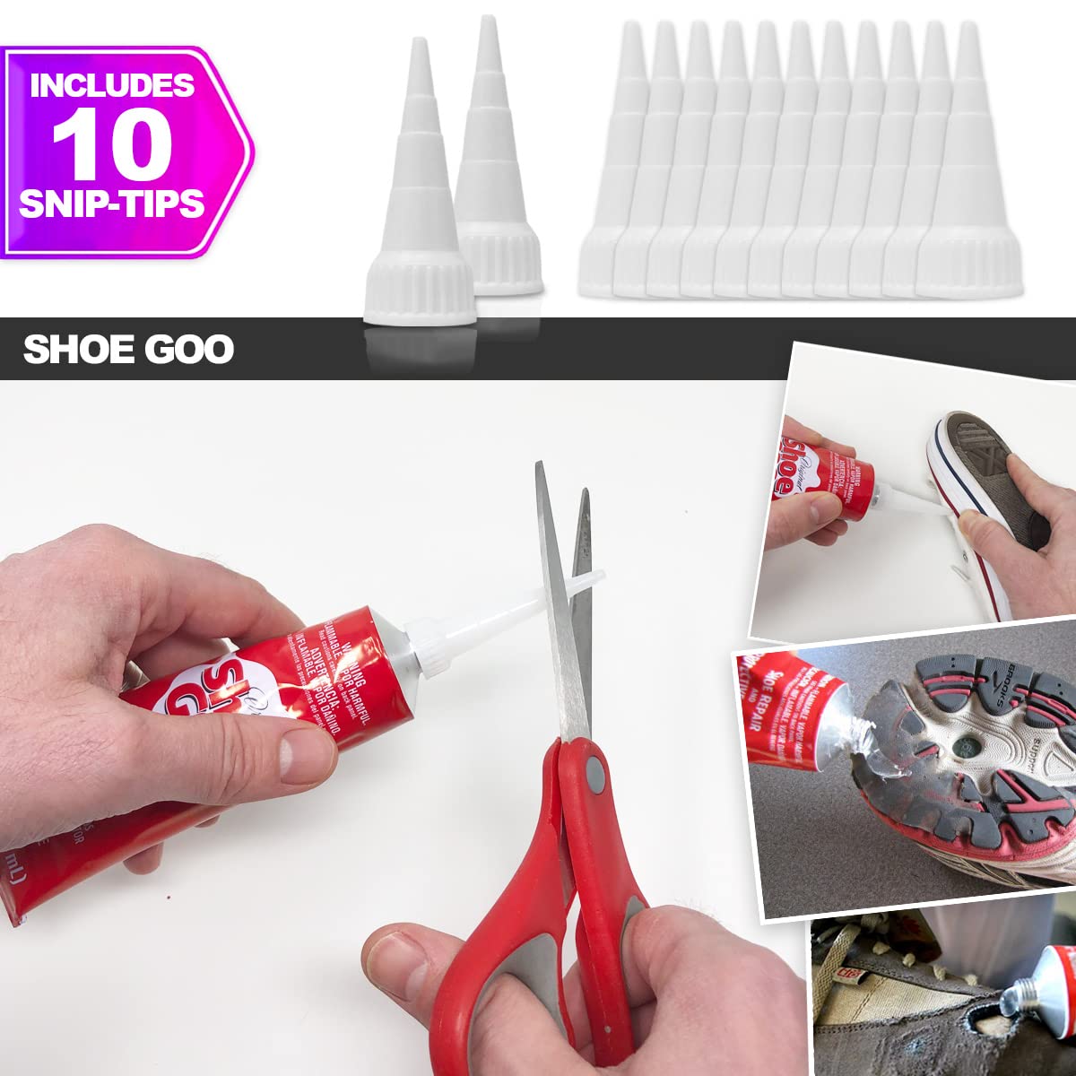 Shoe Goo Repair Adhesive for Fixing Worn Shoes or Boots, Clear, 3.7 Ounce (109.4mL), 10 Snip Tip Applicator Tips and Pixiss Spreader Tools Set