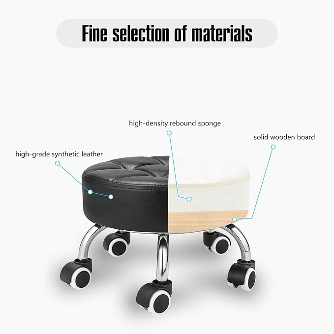 Kaleurrier Low Height Rolling Stool - Heavy Duty Short Stool Chair with Wheels Low to Ground - Small Roller Seat Stools for Home Office Kitchen Repair Shop Pedicure Garage Library Studio Black