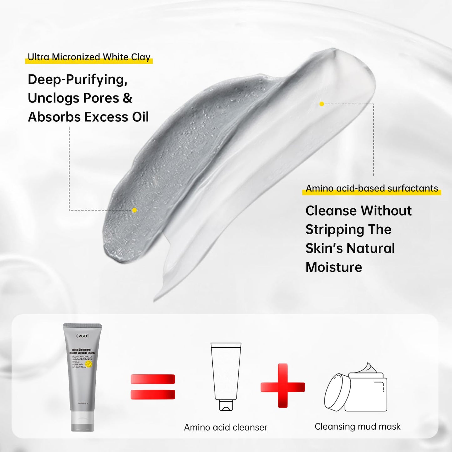 VGO Facial Cleanser, Daily Face Wash for Deep Pore Cleanser and Makeup Remover for Sensitive Oily Skin, Double Tube Design with