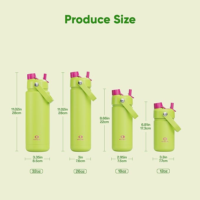 ENCOOL Insulated Water Bottle with Straw Stainless Steel Water Bottle, Leak-Proof, BPA-Free, Double Wall Vacuum Keeps Cold for 24 Hours for Sports, Travel, School (18 oz, Acid Green)
