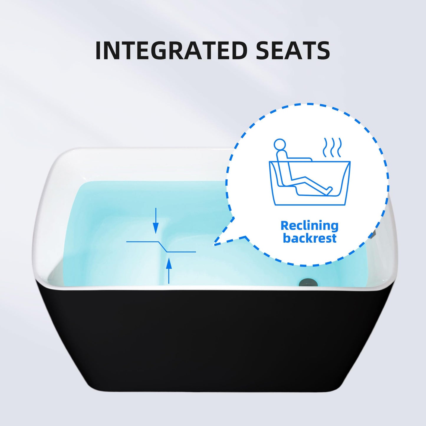 WOODBRIDGE 48" Acrylic Freestanding Square Shape Janpanese Soaking Tub with Pre-molded Seat and Matte Black Pop-UP Drain and Overflow Option, Black, B1870-MB