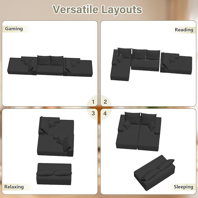 Sectional Cloud Couch for Living Room, Modular Floor Deep-Seat Sofa, Big Comfy Corduroy Couches Set with Fluffy Memory Foam, Stupendous U Shaped Sofas, No Assembly Required, Black