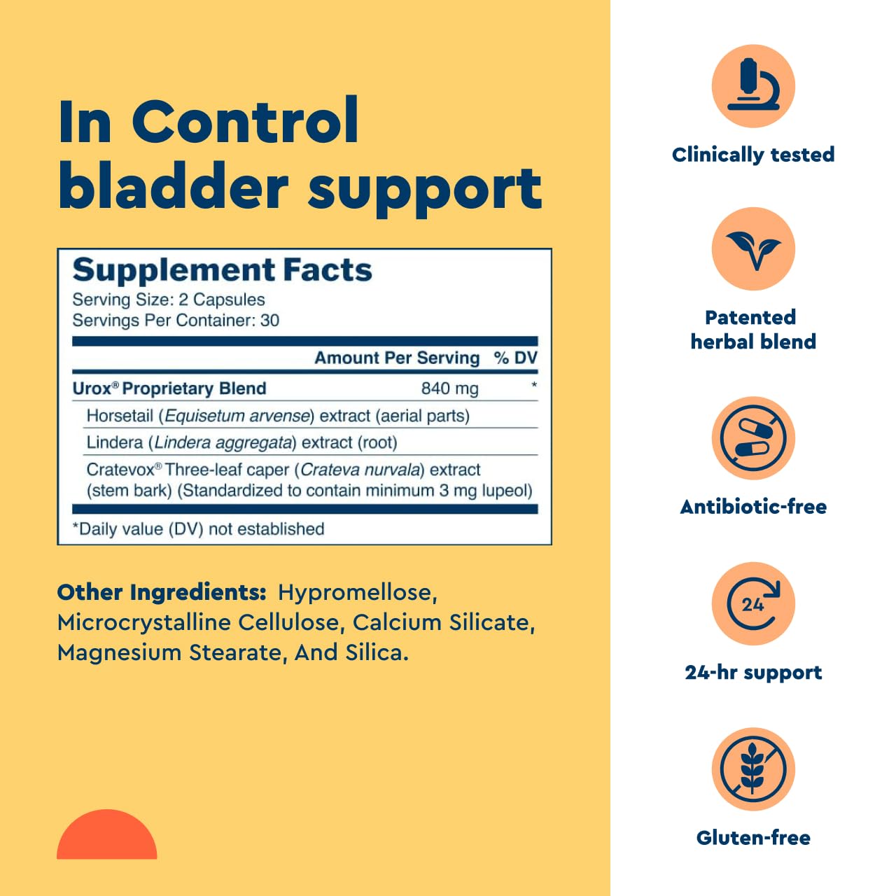 Uqora in Control Bladder Support - Daily Bladder Care & Support for Urinary Comfort - Made with botanicals, Like Horsetail & Spicebush - Gluten-Free & Vegetarian - 60 Capsules