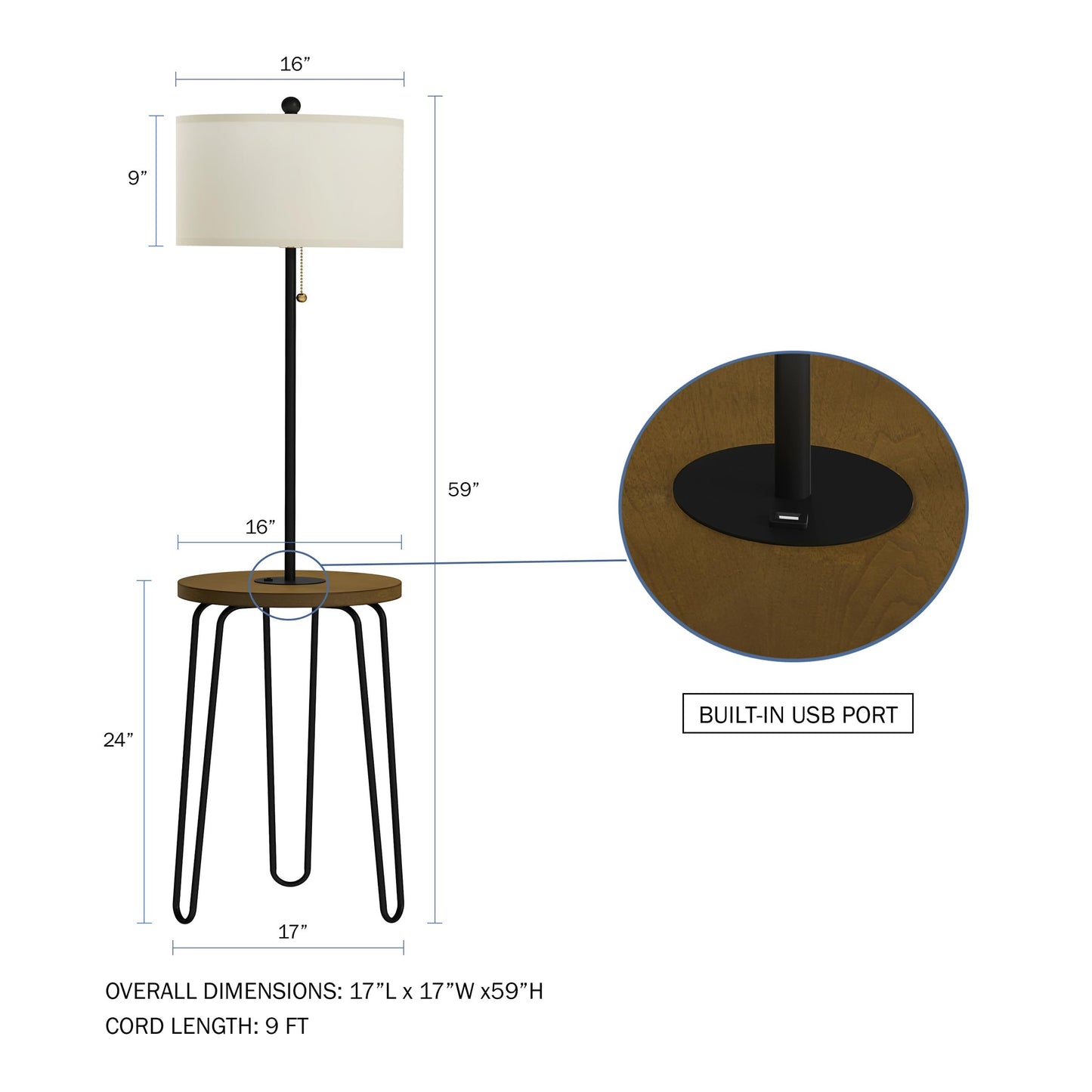 Lavish Home Floor Lamp with Table - Mid-Century Modern Nightstand or Side Table with USB Port and Hairpin Legs - Standing Light with Shelves