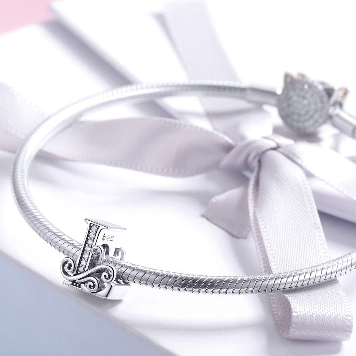 BISAER 925 Sterling Silver Initial Letter L Charms for Bracelets Alphabet Beads Charm Jewelry Gifts