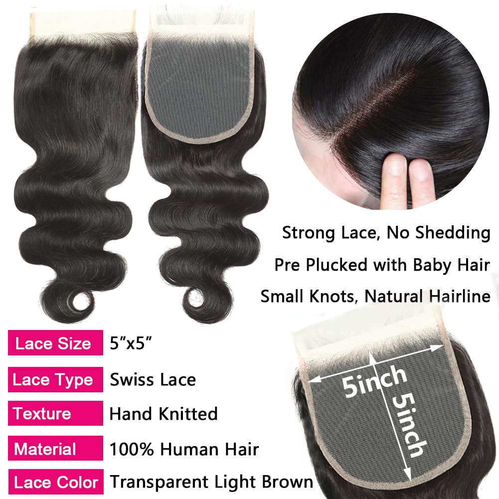Body Wave Human Hair Bundles with Closure (22 24 26+18) 5x5 HD Closure with Bundles Human Hair 3 Weave 12A Brazilian 100% Unproc