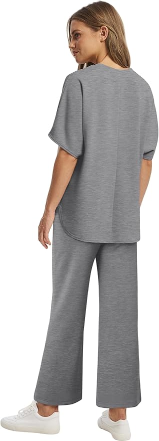 Sampeel Two Piece Sets for Women Summer Outfits Oversized Wide Leg Crop Pants Lounge Sets Airport Beach Vacation Clothes
