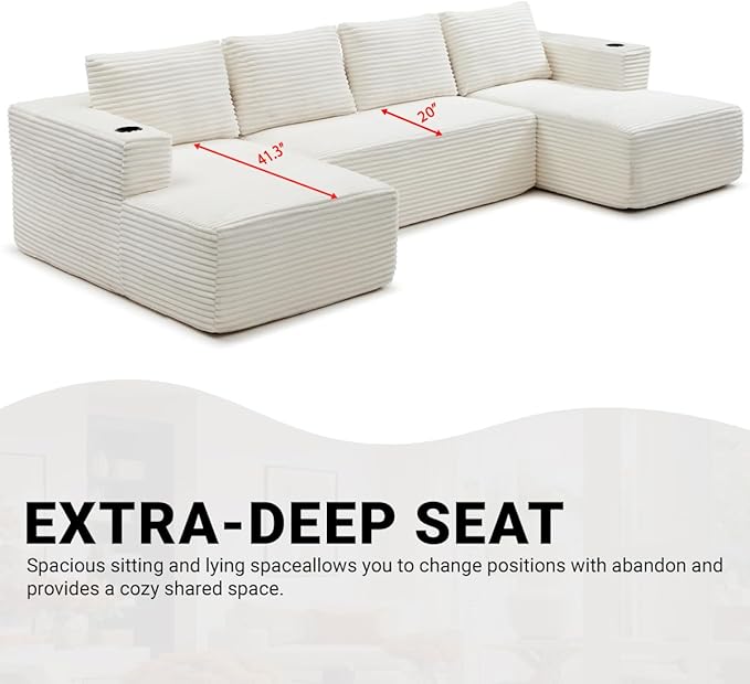 132" Modular Sectional Sleeper Sofa, Boneless Cloud Couch for Living Room, U Shaped 5 Seat Sofa with 2 Cup Holders, Free Combination, No Assembly Required (Beige)