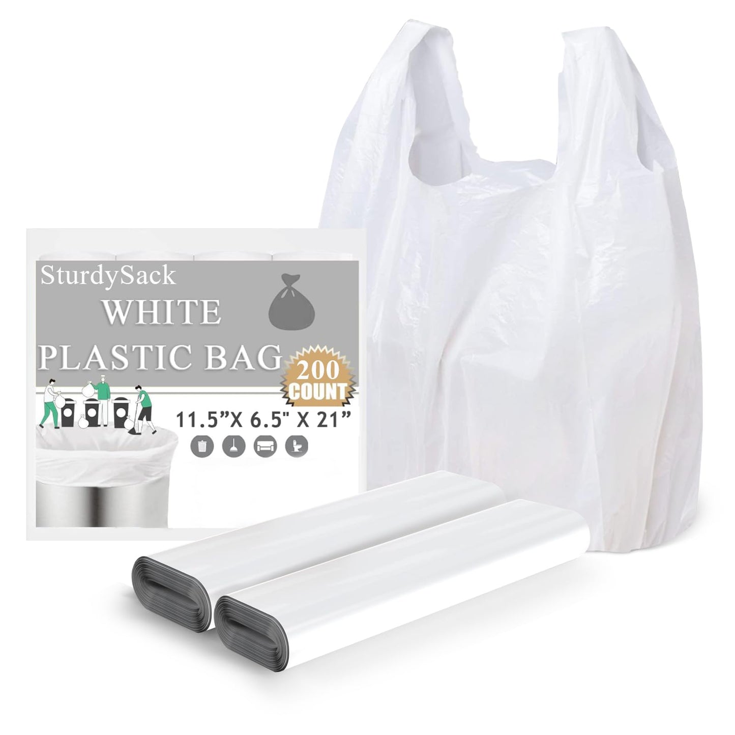SideriLumi Plastic Bags, (11.5”x 6.5" x 21”)(200Pack) White Plastic Shopping Bags with Handles for Small Business Grocery T Shirt Bag Reusable and Disposable, in Bulk