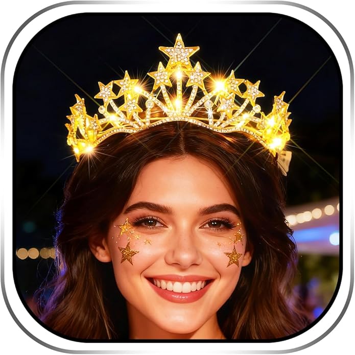Urieo Light up Star Crown LED Crystal Tiara Headband Birthday Prom Hair Accessories for Women