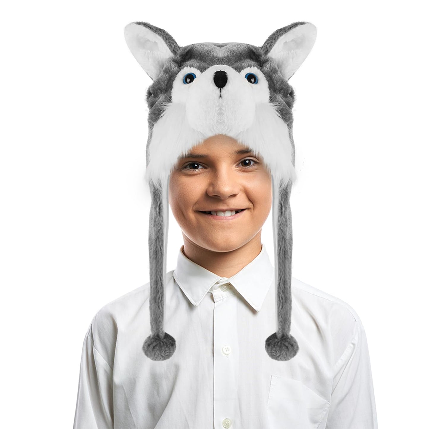 Audaisyly Funny Plush Animal Hat with Ear Flaps, Soft Fleece Hats Cute Bunny Cap for Kids Women Girls Cosplay Party Holiday Gifts (Husky)