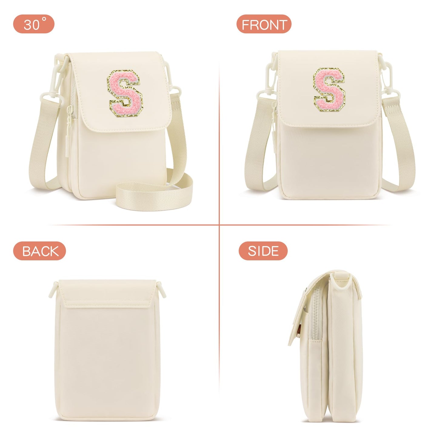 CLOUDWINGS Birthday Gifts for Girls Crossbody Purse Small Initial Cell Phone Purse Triple Compartment Crossbody Bags,Beige-S