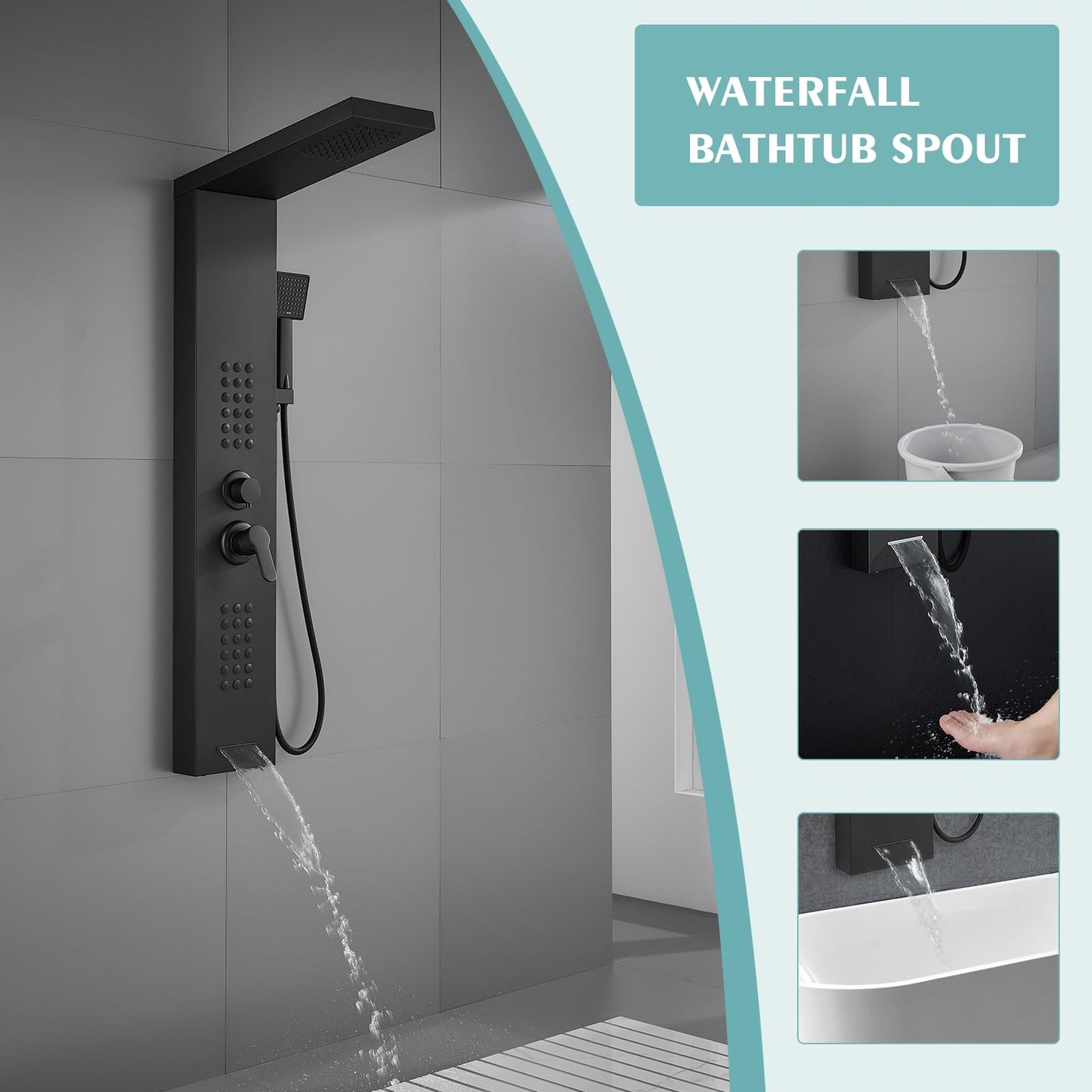 KINKIB Shower Panel Tower System with Rainfall Shower Head, Powerful Body Jets, Matte Black Shower Tower with Handheld Shower and Tub Spout, Stainless Steel Shower Column High Pressure