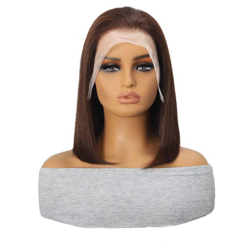 YOUFA Chocolate Brown Short Bob Human Hair Wigs Pre Colored #4 Lace Frontal Wig Pre Plucked 13x4 Transparent Lace Front Human Hair Wigs (Chocolate Brown, 14 inch)