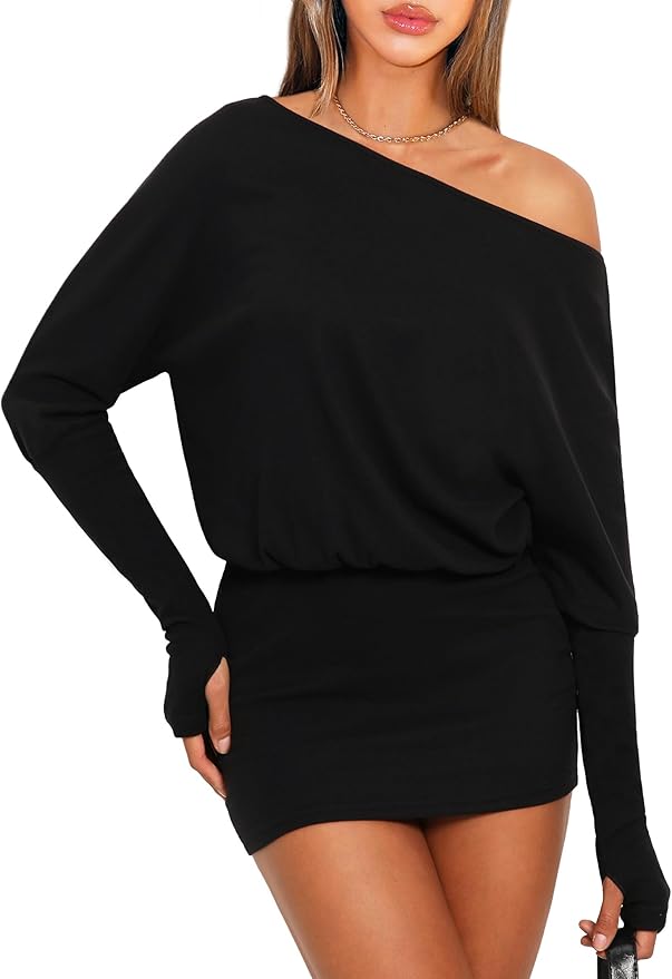 OZICERD Women Off One Shoulder Going Out Mini Dress Loose Batwing Long Sleeve Hip Wrap Bodycon Casual Dresses Black