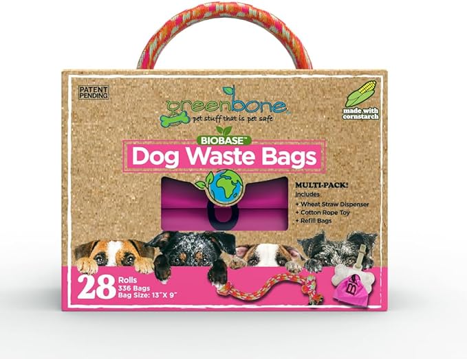 Greenbone BioBase Pink Dog Poop Bag Refills: 28 Rolls - 336 Bags with Dispenser and Rope Toy Handle- Dog Gift Set
