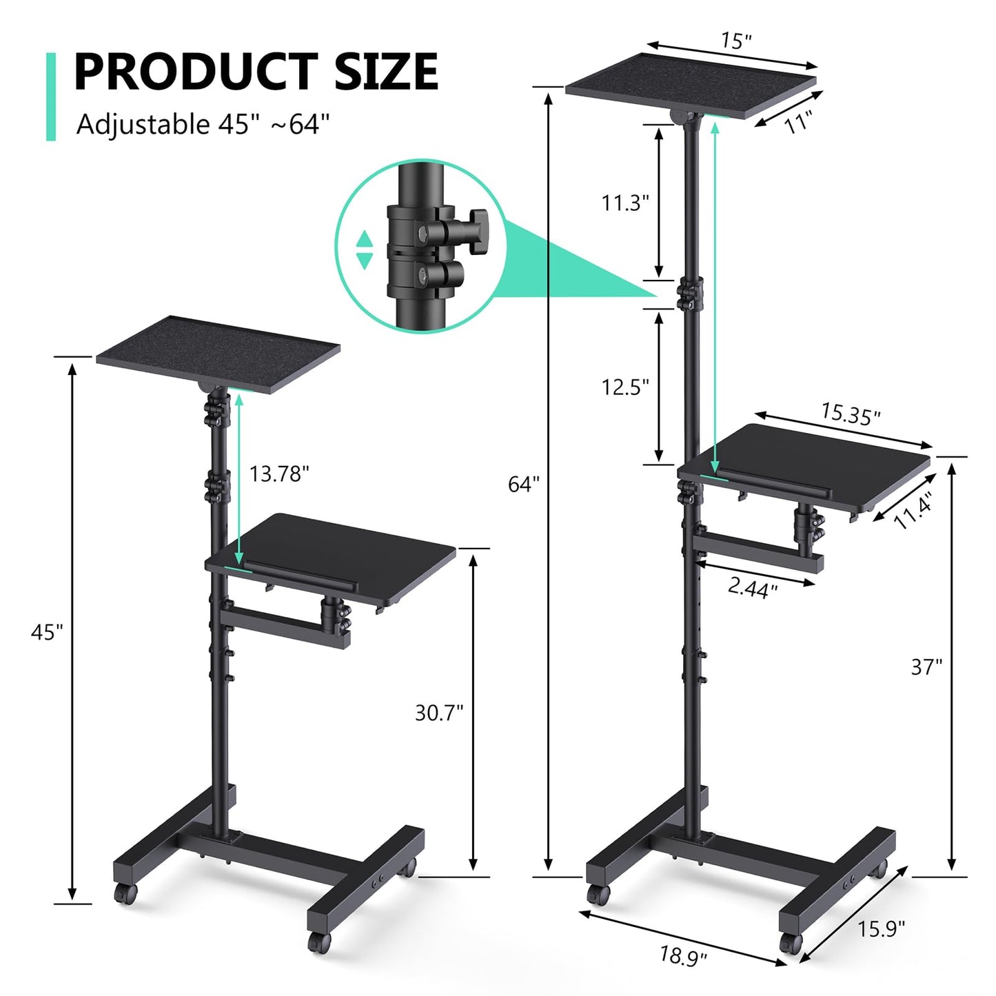 Projector Stand Tripod: 2 Shelves Mobile Laptop Cart Adjustable Height 45 to 64 Inches, Rolling Laptop Stand Cart with Ventilated Tray, Projector Tripod Stand on Wheels for Couch, Bedside, Meeting