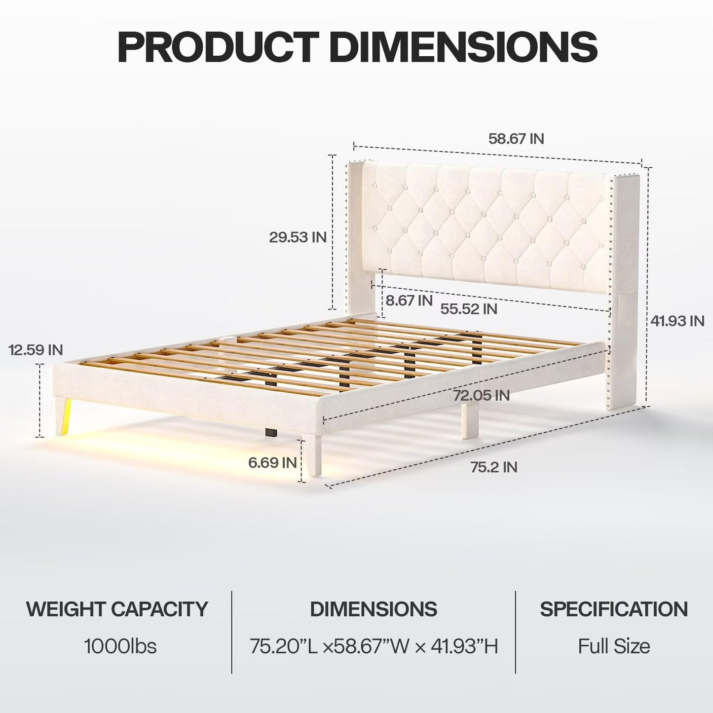 Lihimte Full Size Bed Frame with Led Lights, Upholstered Velvet Platform Bed Frames with Button Tufted Wingback Headboard and Footboard, Wooden Slats Support, No Box Spring Needed, Beige
